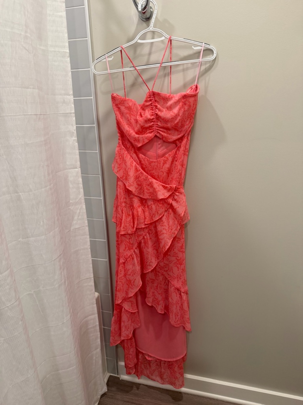 Coral Pink Ruffle Maxi Olivaceous Dress with Spaghetti Straps